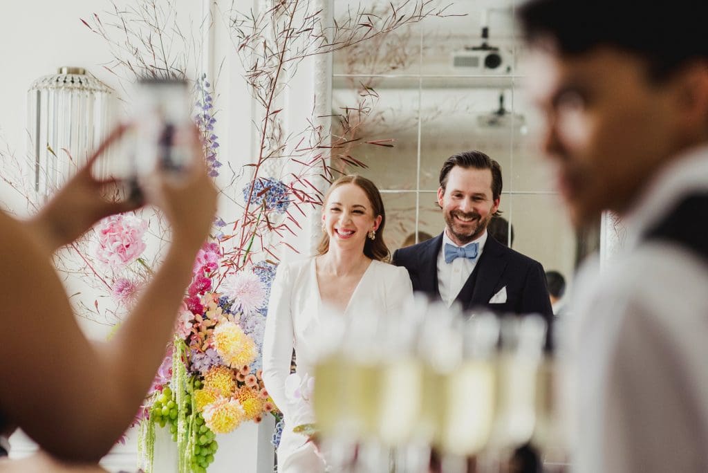 Bride and groom smiling after saying 'I do' during their wedding celebration.
